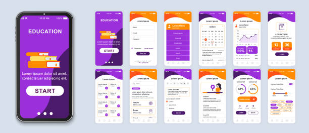 Education mobile app smartphone interface vector templates set. Online courses web page design layout. Remote studying. Pack of UI, UX, GUI screens for application. Phone display. Web design kit