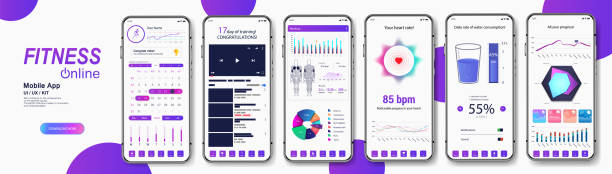 Fitness and medical App mockup for UI, UX, GUI. Smartphone screens with Fit application interface - healthy lifestyle concept (fitness,
workout, drinking water with graphic and charts). Fitness UI app