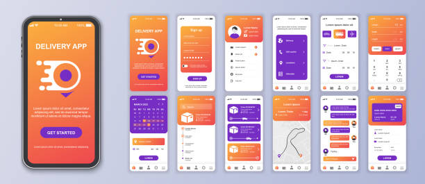 Delivery mobile app interface screens template set. Online account, courier shipping, parcel calculate, tracking order map, payment. Pack of UI, UX, GUI kit for application web layout. Vector design.